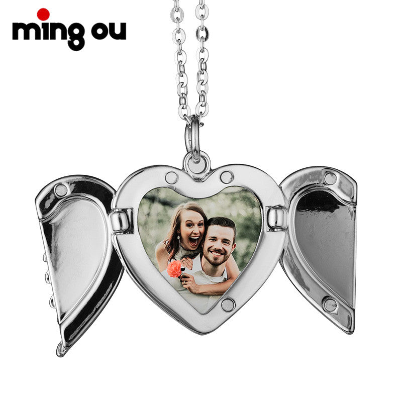 Personalized Sublimation Blank Angel Wings Heart Lockets Pendant